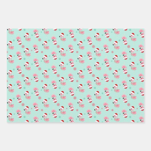 Feuille De Papier Cadeau Flamingo de Noël sur vert (Devant 3)