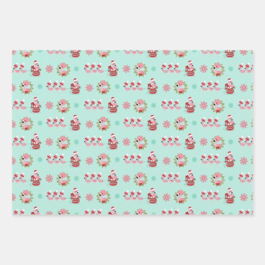 Feuille De Papier Cadeau Flamingo de Noël sur vert (Devant)