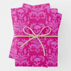 Feuille De Papier Cadeau Flamme crâne Damas en bubblegum rose sur rose chau