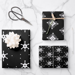 Feuille De Papier Cadeau Flammes de neige géométriques Noël Noir Blanc