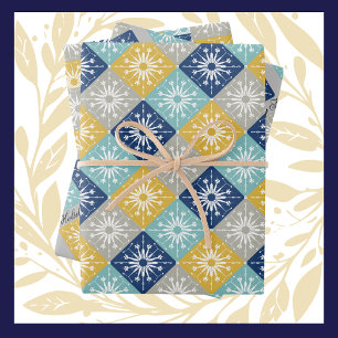 Feuille De Papier Cadeau Flèches de neige bleues, dorées et grises