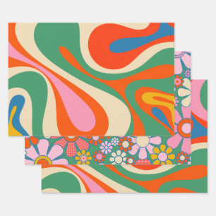 Feuille De Papier Cadeau Flèches et fleurs colorées rétro Trippy