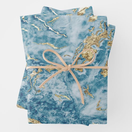 Feuille De Papier Cadeau Flèches marbrées Or bleu (En situation)