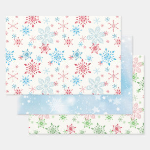 Feuille De Papier Cadeau Flèches, neige, étoiles, ciel d'hiver bleu