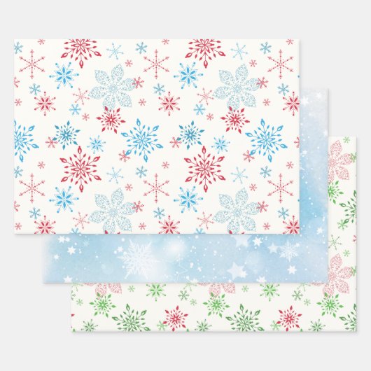 Feuille De Papier Cadeau Flèches, neige, étoiles, ciel d'hiver bleu (Lot)
