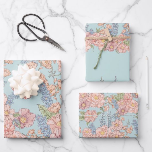 Feuille De Papier Cadeau Fleur chic rose et bleu shabby (Recto)