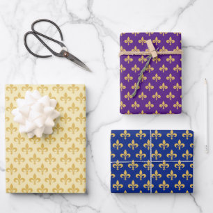 Feuille De Papier Cadeau Fleur de Lis dorée sur bleu, or et pourpre