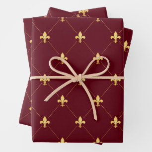 Feuille De Papier Cadeau Fleur de Lis Or sur Rouge Vin