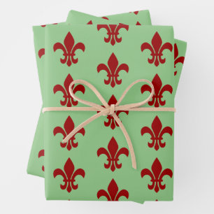 Feuille De Papier Cadeau Fleur De Lis Vert et Rouge