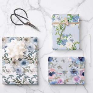Feuille De Papier Cadeau Fleur de motif floral à l'aquarelle bleu poussiére