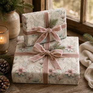Feuille De Papier Cadeau Fleur de Noël Poinsettia Rose et Argent