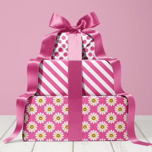 Feuille De Papier Cadeau Fleur de Pâquerette Rose Rayures pois