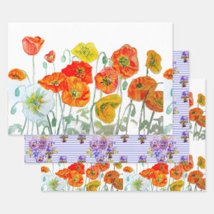 Feuille De Papier Cadeau Fleur de pavot rouge orange pensée violet aquarell