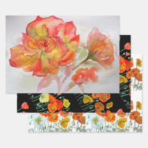 Feuille De Papier Cadeau Fleur de rose rouge orange aquarelle anniversaire