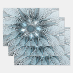 Feuille De Papier Cadeau Fleur joyeuse abstraite florale fractale bleue gri