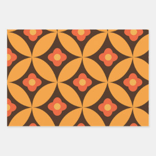 Feuille De Papier Cadeau Fleur rétro sur Mid Century Circles Orange