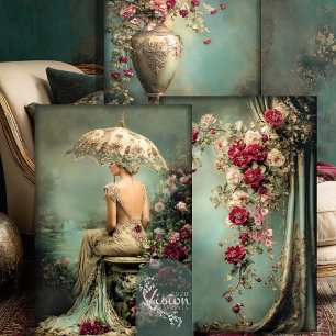 Feuille De Papier Cadeau Fleur romantique, Dame et un Parasol, Ensemble ass