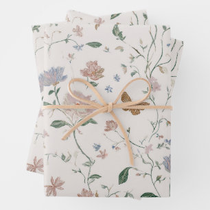 Feuille De Papier Cadeau Fleur Sauvage Élégante & Papillon Toile-De-Jouy