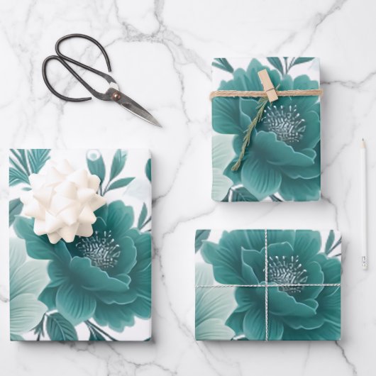 Feuille De Papier Cadeau 💐 Fleur Turquoise (Recto)