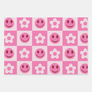Feuille De Papier Cadeau Fleurs à carreaux et visages heureux rose