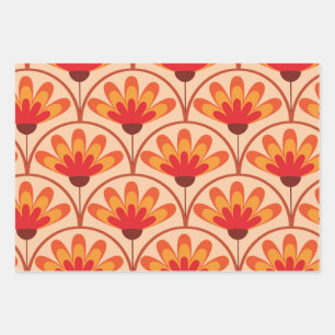 Feuille De Papier Cadeau Fleurs Abstraites Rétro Vintage sur Formes de Coqu