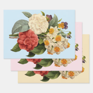 Feuille De Papier Cadeau Fleurs anciennes, camélias et narcisses, Redoute
