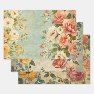 Feuille De Papier Cadeau Fleurs Antiques Vintage Pink Jaune Shabby Chic