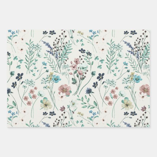 Feuille De Papier Cadeau Fleurs aquarelles rustiques bleu pastel et crème f (Devant 3)