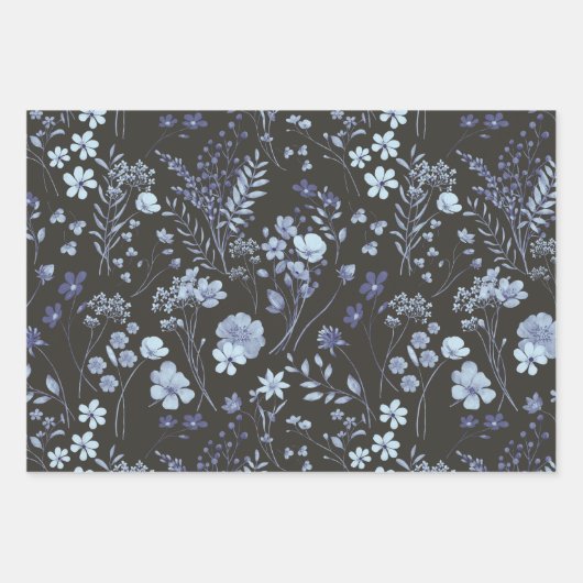 Feuille De Papier Cadeau Fleurs aquarelles rustiques bleu pastel et crème f (Devant 2)