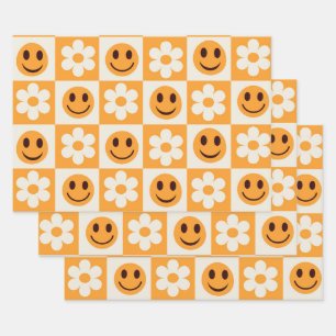 Feuille De Papier Cadeau Fleurs blanches à carreaux et visages souriants or