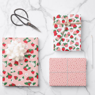 Feuille De Papier Cadeau Fleurs Blanches Motif Fraises Roses Rouges Douces