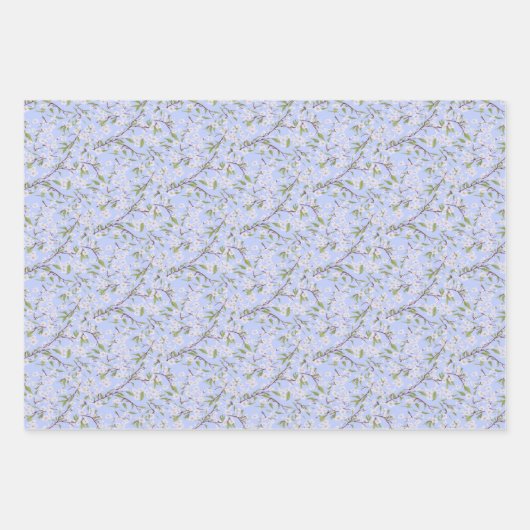 Feuille De Papier Cadeau Fleurs Blanches sur Fond Bleu (Devant 2)