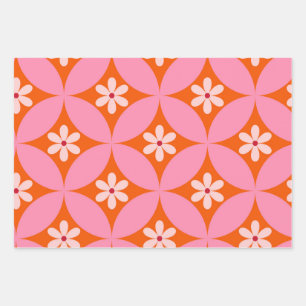 Feuille De Papier Cadeau Fleurs blanches sur motif de cercles roses du mili