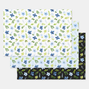 Feuille De Papier Cadeau Fleurs Bleu Nuit et Bleu Bébé avec Motif de Feuill