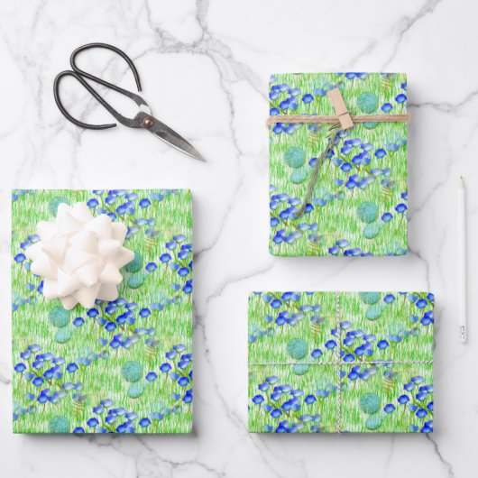 Feuille De Papier Cadeau Fleurs Bleues Et Grass Motif D'Art Naturel (Recto)