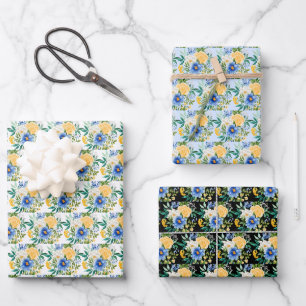 Feuille De Papier Cadeau Fleurs bleues et jaunes 