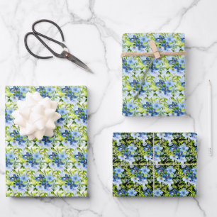 Feuille De Papier Cadeau Fleurs bleues et navy avec feuillage