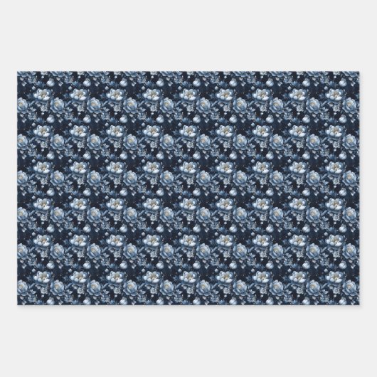 Feuille De Papier Cadeau Fleurs bleues sur bleu foncé (Devant 3)