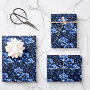 Feuille De Papier Cadeau Fleurs Bleues sur Fond Noir