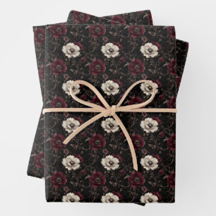 Feuille De Papier Cadeau Fleurs Bourgogne et ivoire sur noir