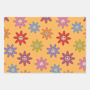 Feuille De Papier Cadeau Fleurs colorées souriantes sur fond orange