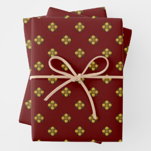 Feuille De Papier Cadeau Fleurs crucifères d'or sur rouge foncé