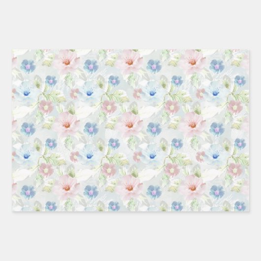 Feuille De Papier Cadeau Fleurs d'aquarelle rose et bleu. (Devant)