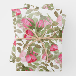 Feuille De Papier Cadeau Fleurs d'aquarelle rose rose roses fleuris