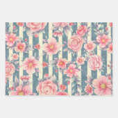 Feuille De Papier Cadeau Fleurs d'aquarelle rose sur bandes (Devant)