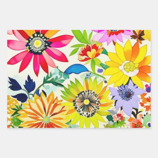Feuille De Papier Cadeau Fleurs d'art populaire à l'aquarelle pour annivers (Devant 3)