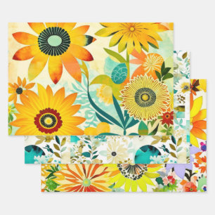 Feuille De Papier Cadeau Fleurs d'art populaire à l'aquarelle pour annivers