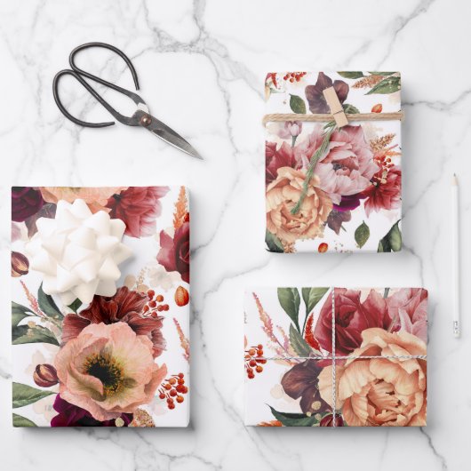 Feuille De Papier Cadeau Fleurs d'automne Bordeaux Rouge Orange Botanique F (Recto)