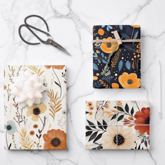 Feuille De Papier Cadeau Fleurs d'automne de Boho mignonnes (Recto)