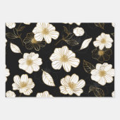 Feuille De Papier Cadeau Fleurs de blanc or sur fond noir (Devant)